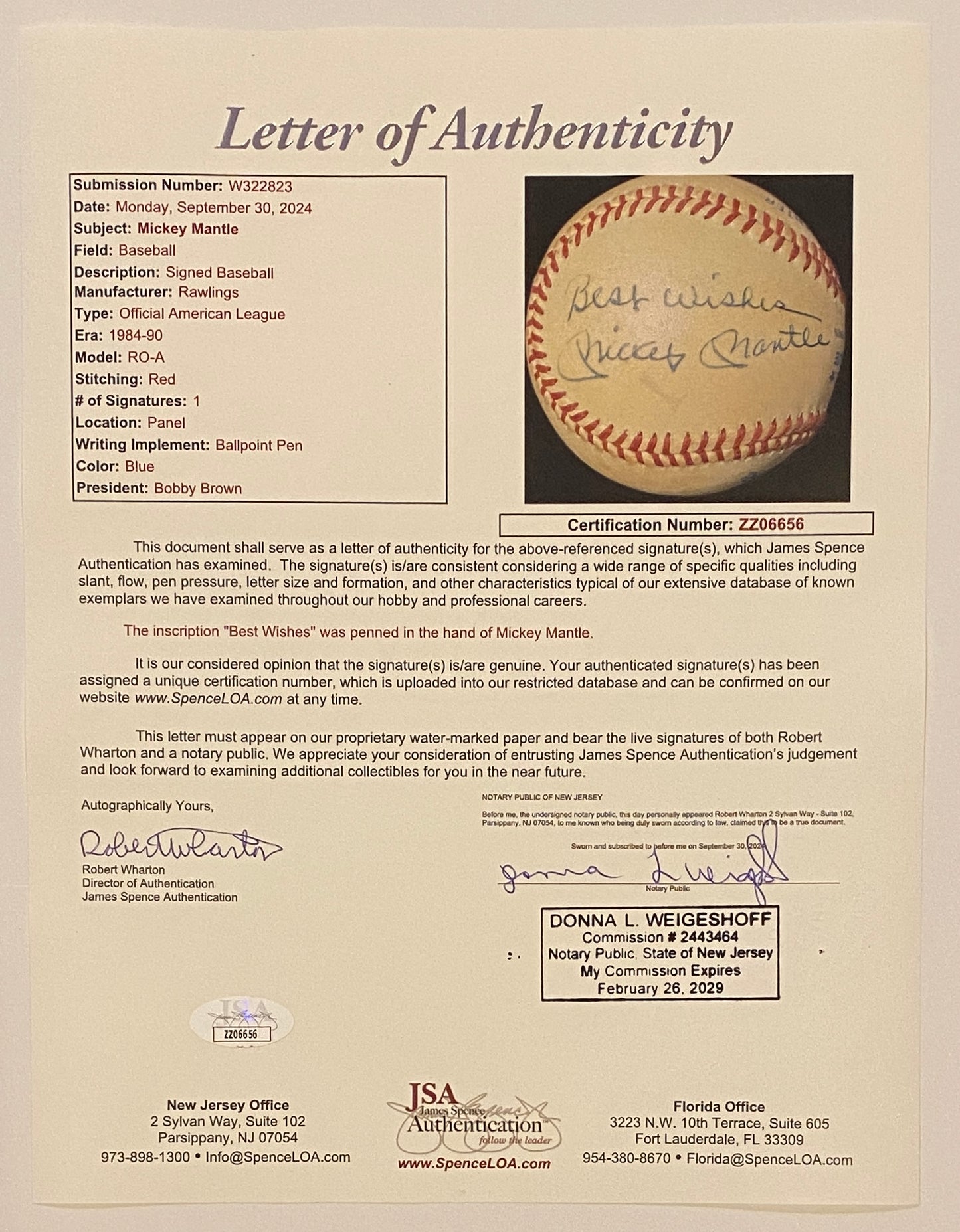 Mickey Mantle Signed “Best Wishes” Baseball JSA/LOA