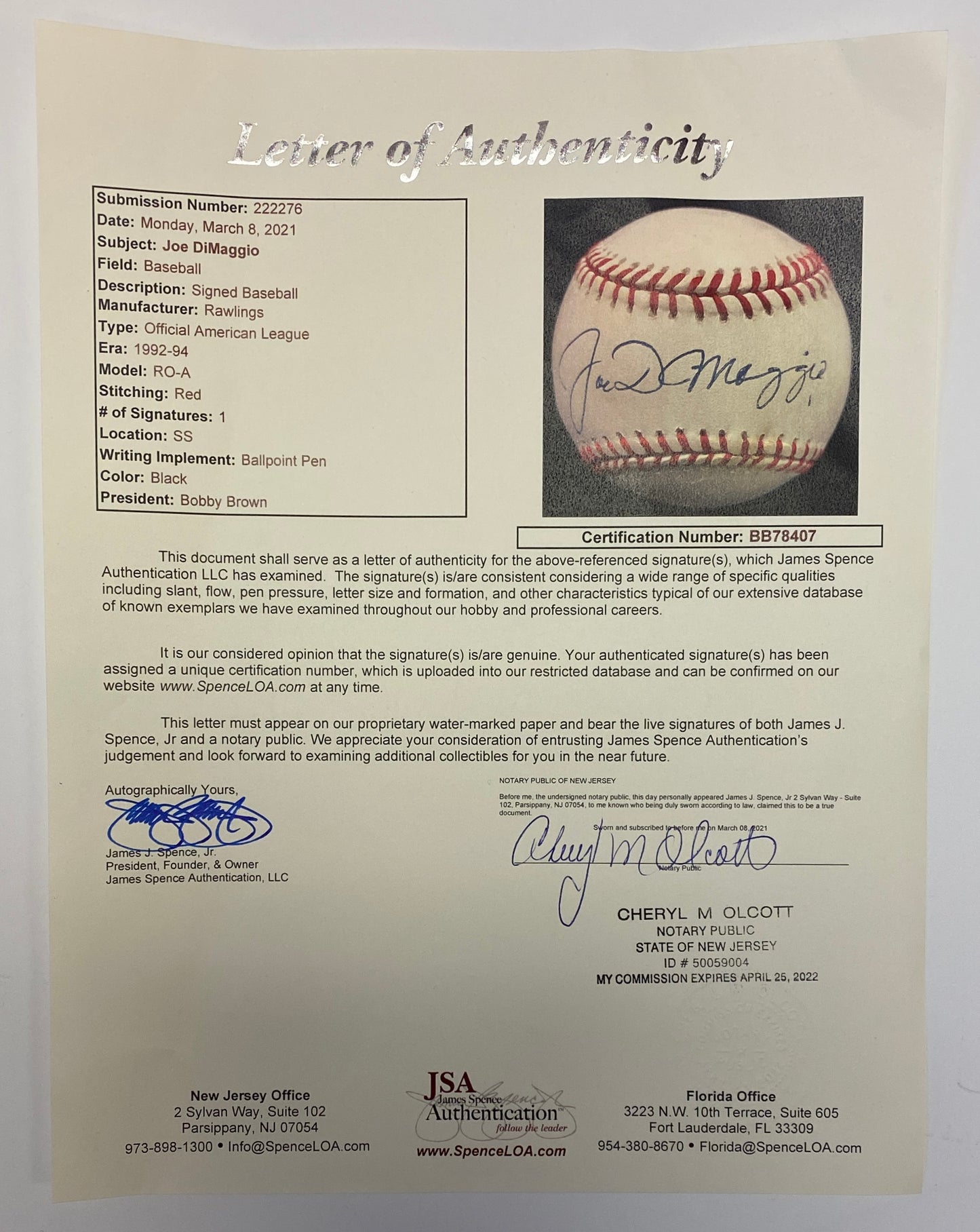 Joe DiMaggio Signed Baseball Authenticated By JSA LOA