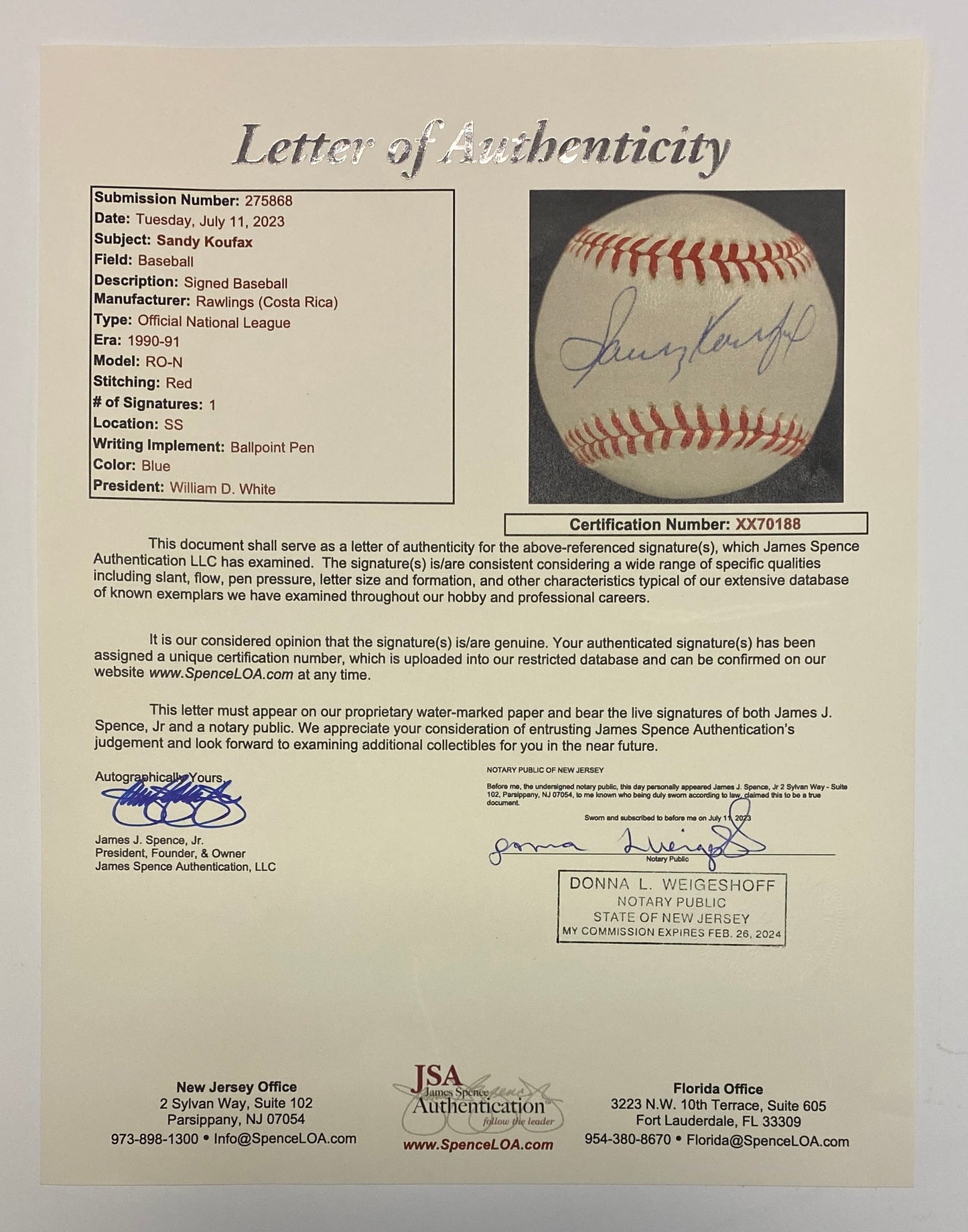 Sandy Koufax Signed Baseball Authenticated By JSA LOA