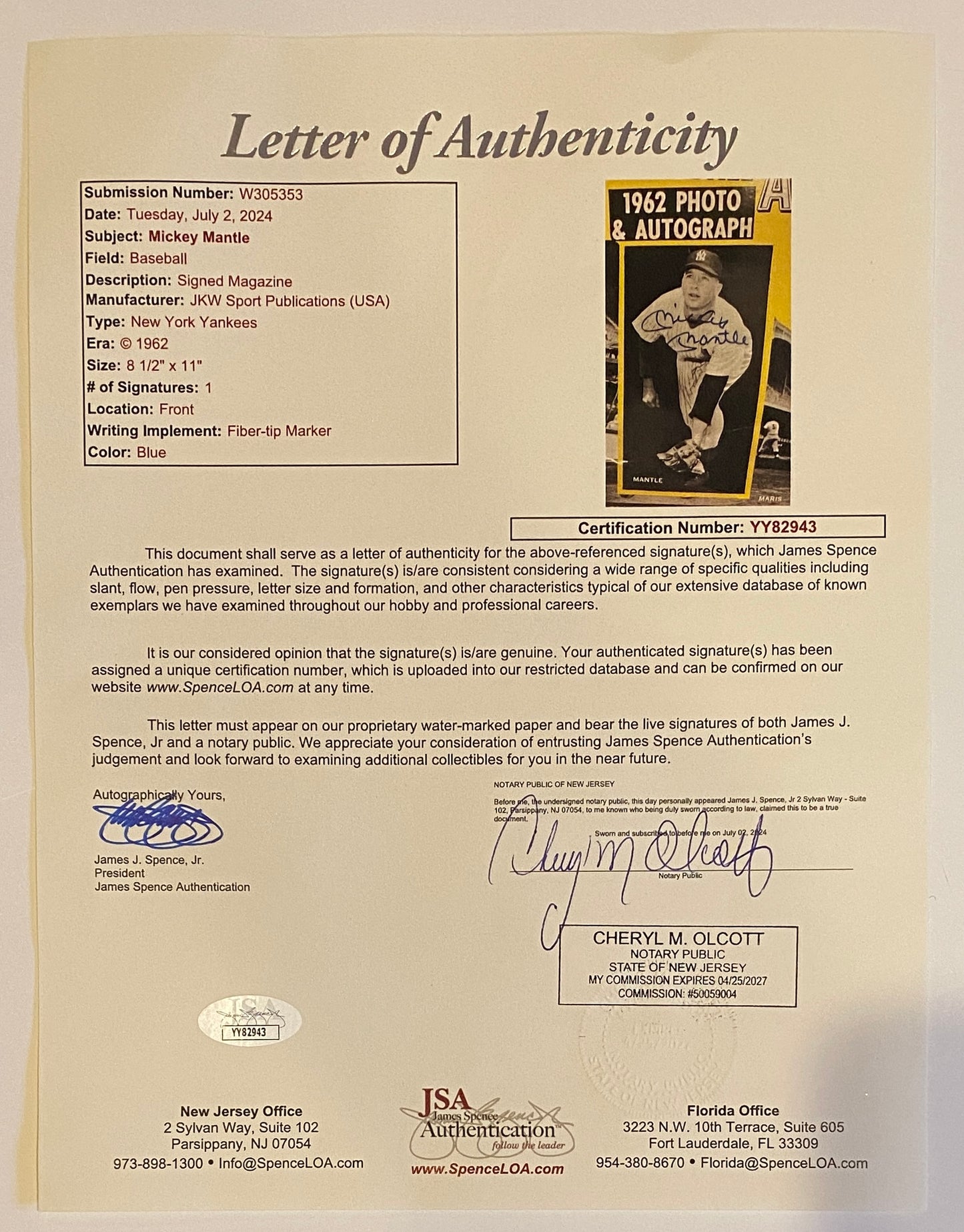 Mickey Mantle Signed 1962 Magazine