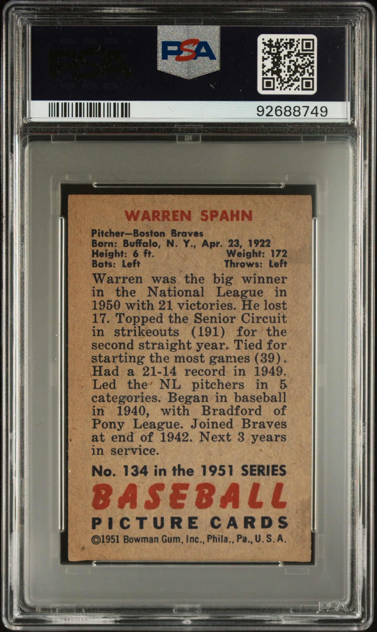 Warren Spahn 1951 Bowman PSA A