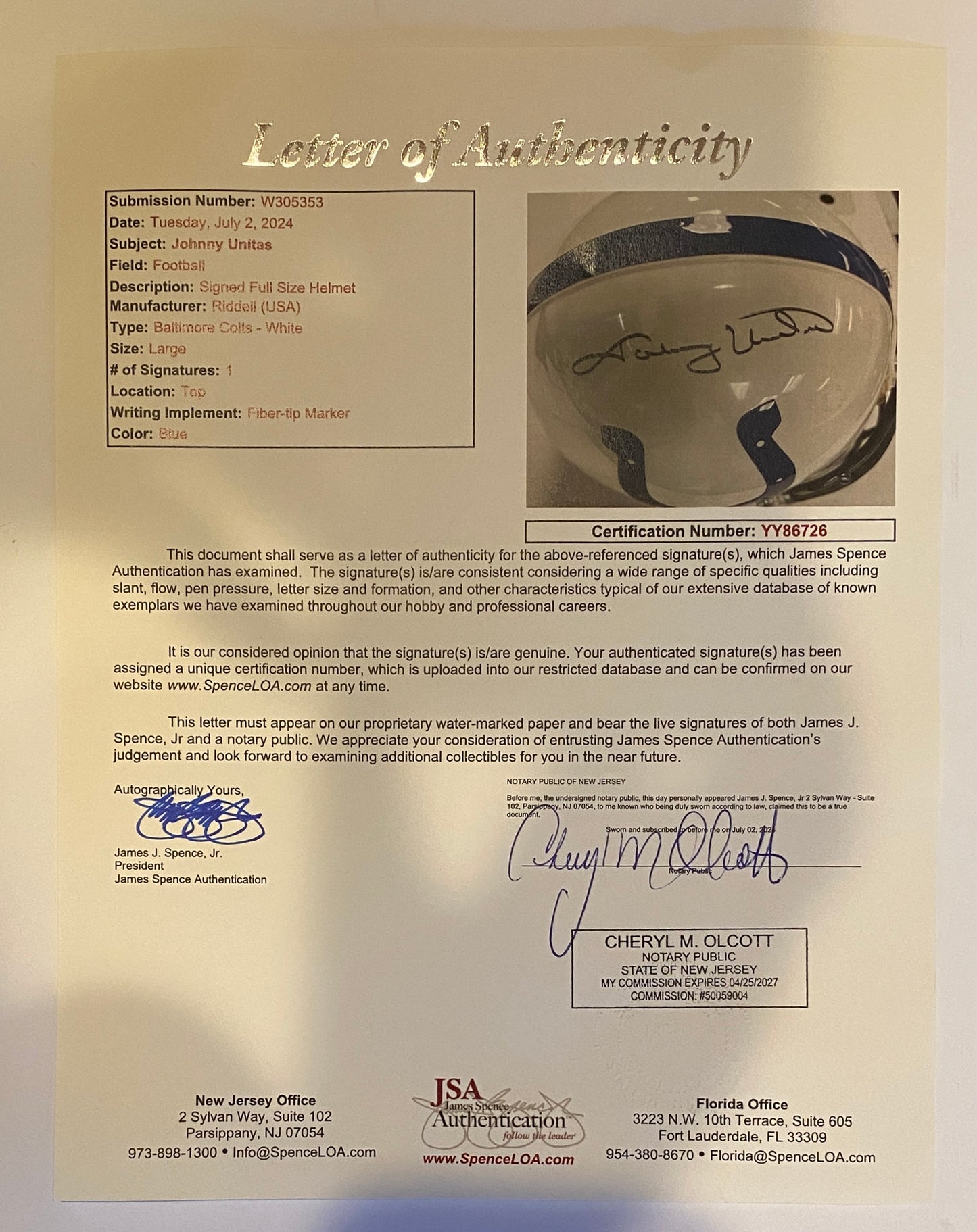 Johnny Unitas Signed Full Size Colts Helmet JSA/LOA