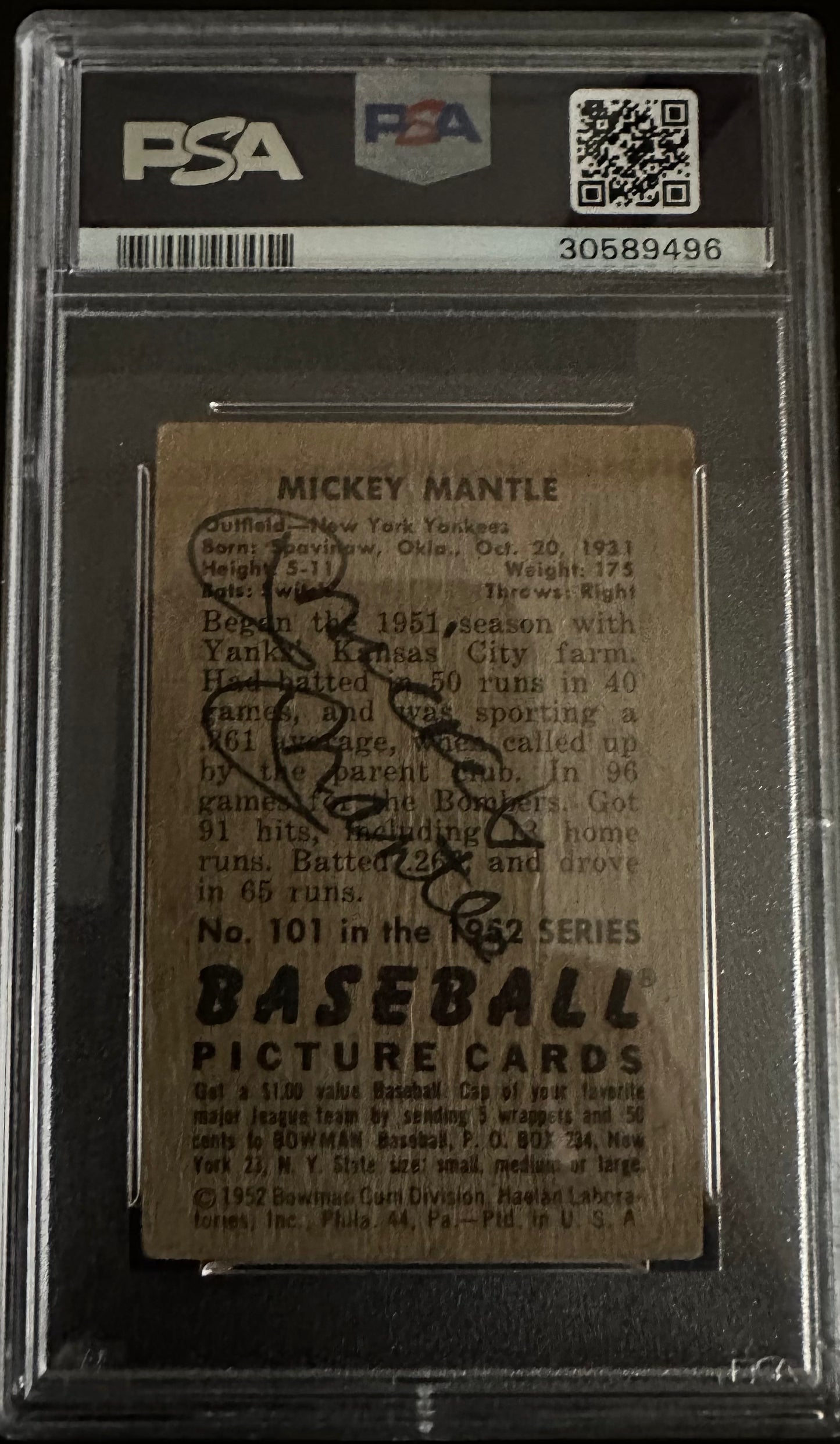 1952 AUTO Bowman Mickey Mantle Fresh Grade PSA 1 10 Extremely Low Pop.