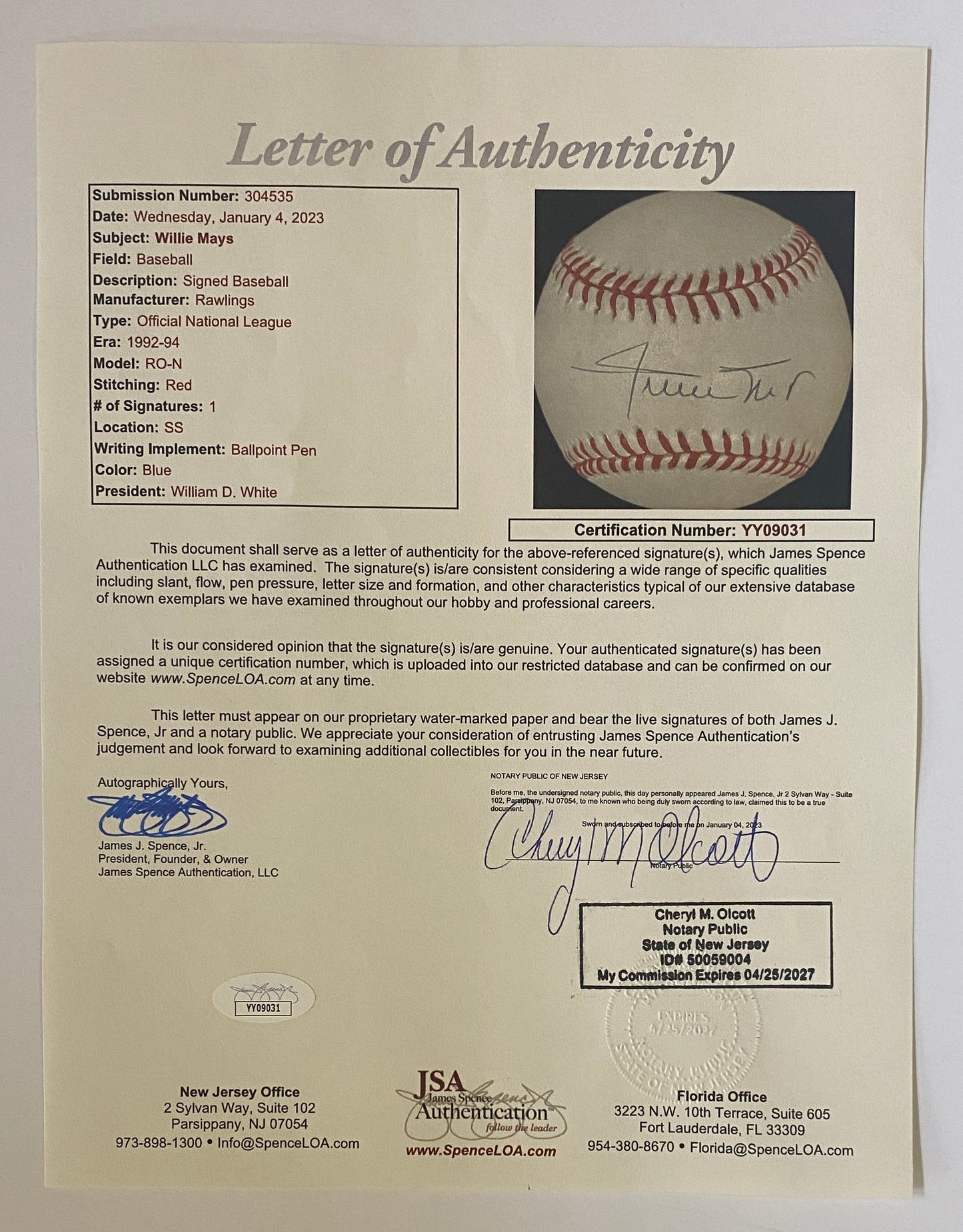Willie Mays Signed Baseball Authenticated By JSA LOA