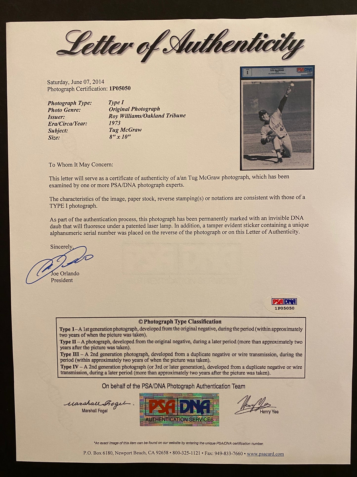 Type 1 Photo NY Mets Tug McGraw action shot 1973 World Series