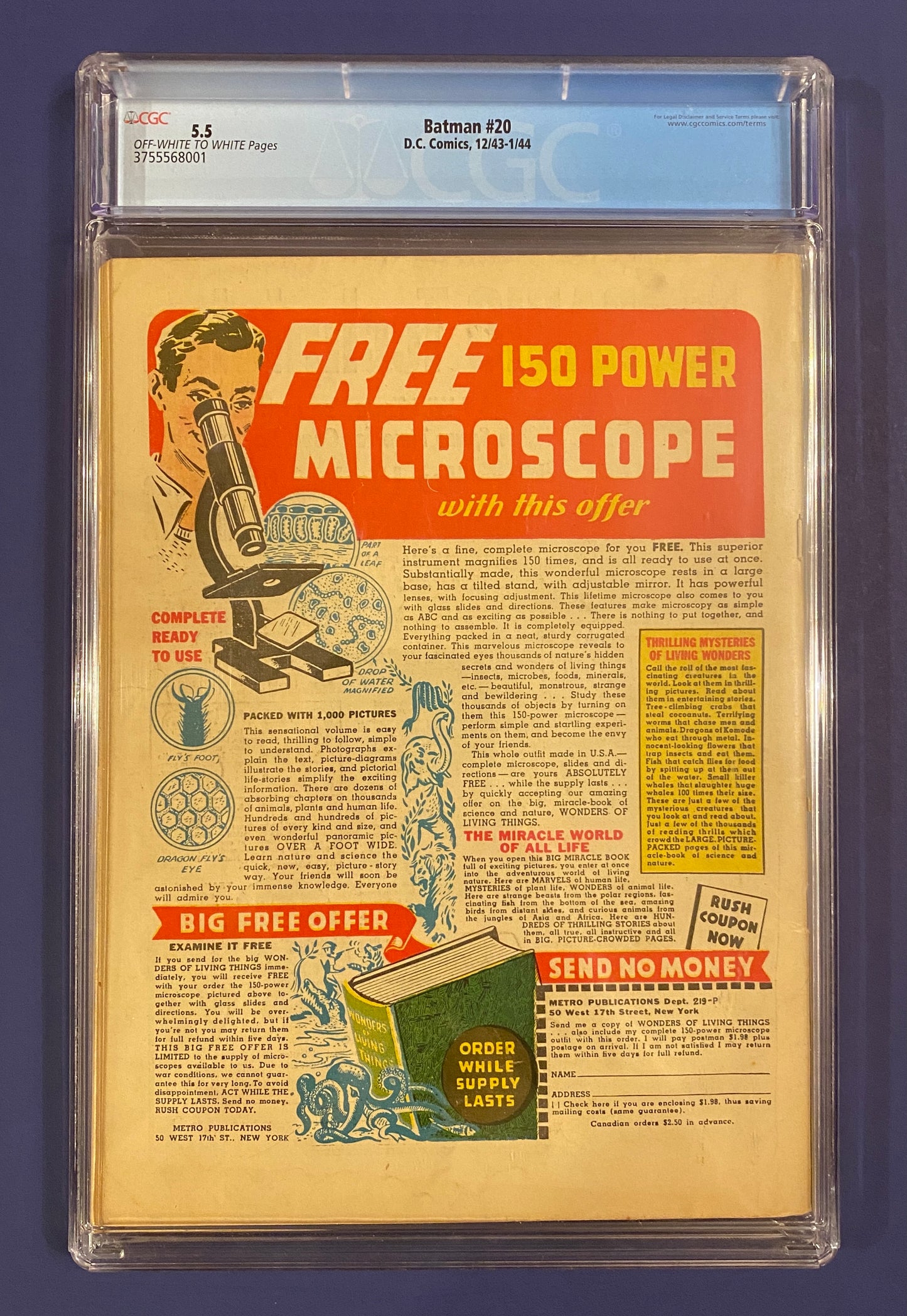 Batman #20 1944 CGC 5.5 New Slab Huge Golden Age Issue 1st Batmobile-Joker App. High Grade & Colors Pop On This Book