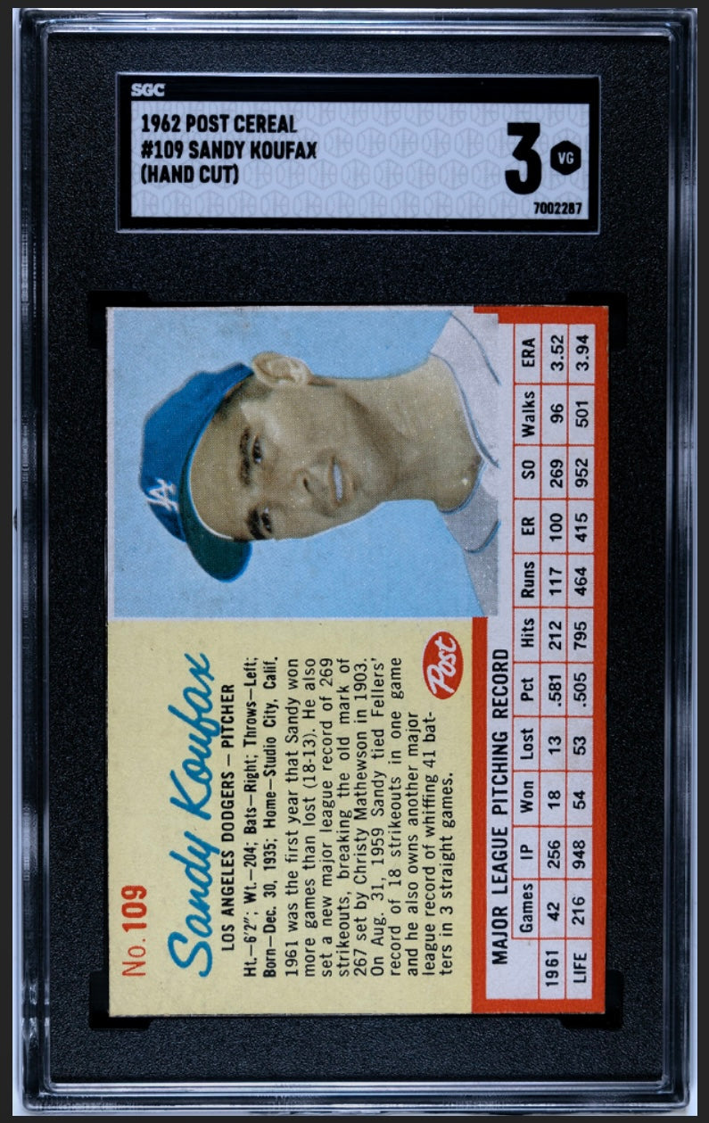 Sandy Koufax 1962 Post Cereal SGC 3