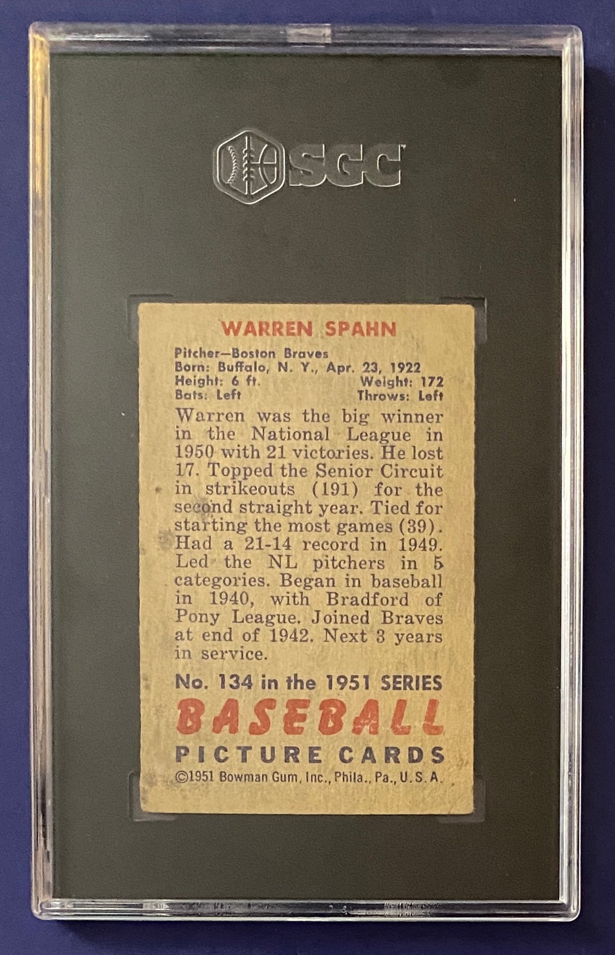 Warren Spahn 1951 Bowman SGC 4