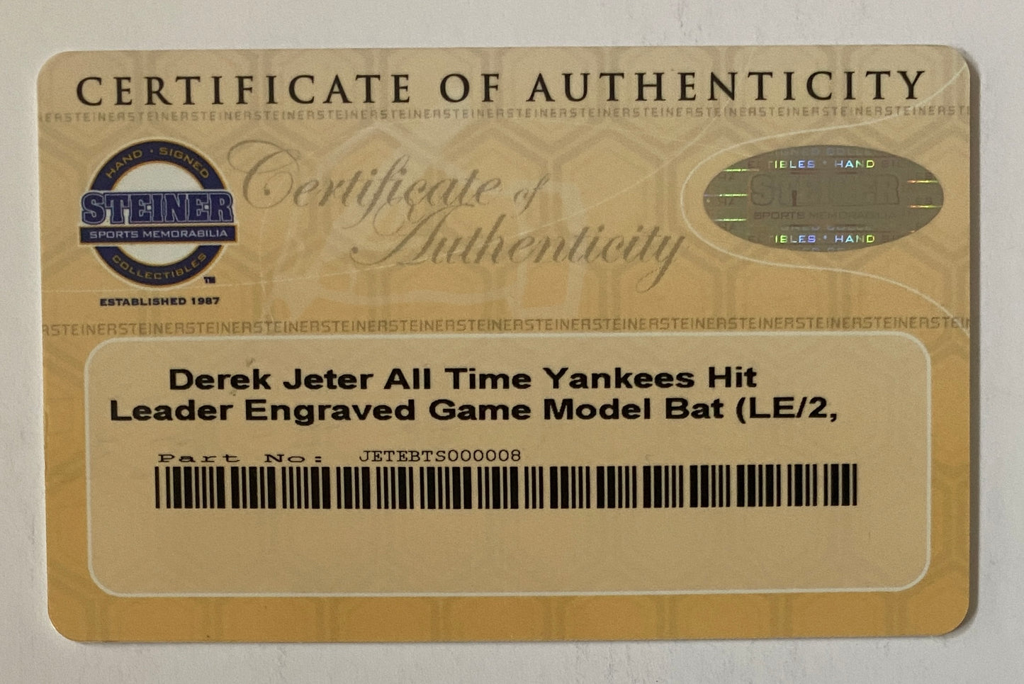 Derek Jeter Signed All Time Yankees Hit Leader Engraved Model Bat