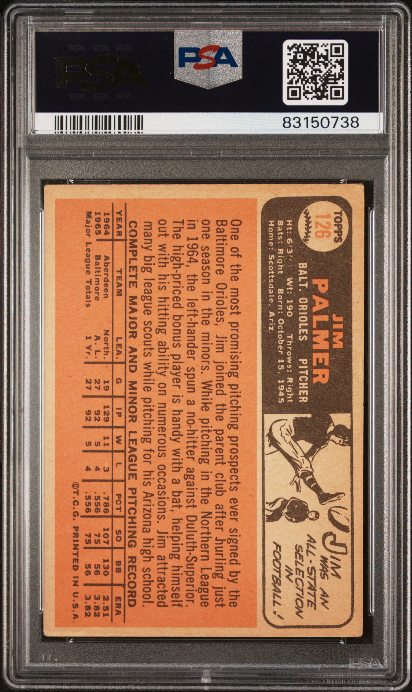 Jim Palmer 1966 Topps PSA 3/10 Auto