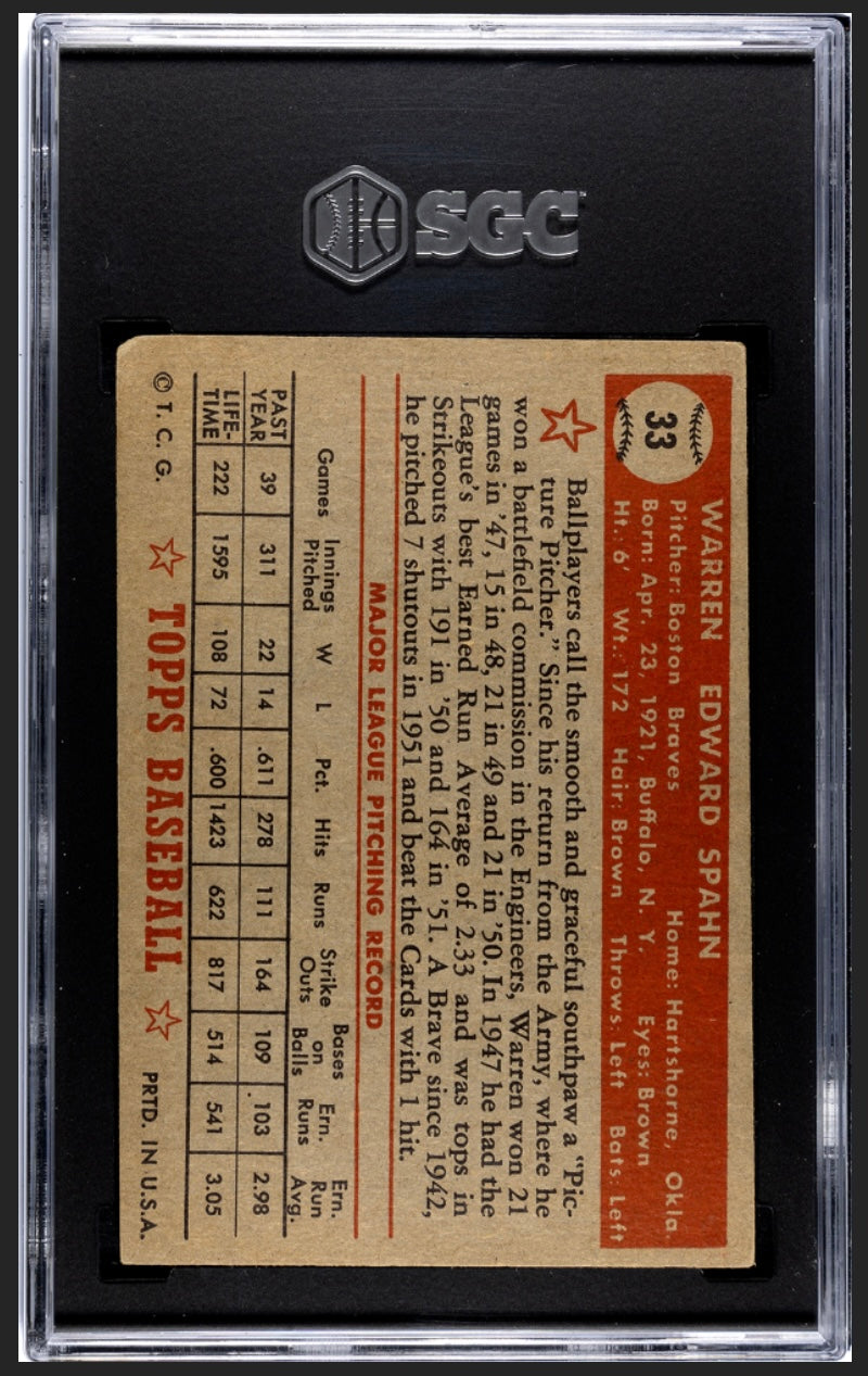 Warren Spahn 1952 Topps Red Back SGC 3.5