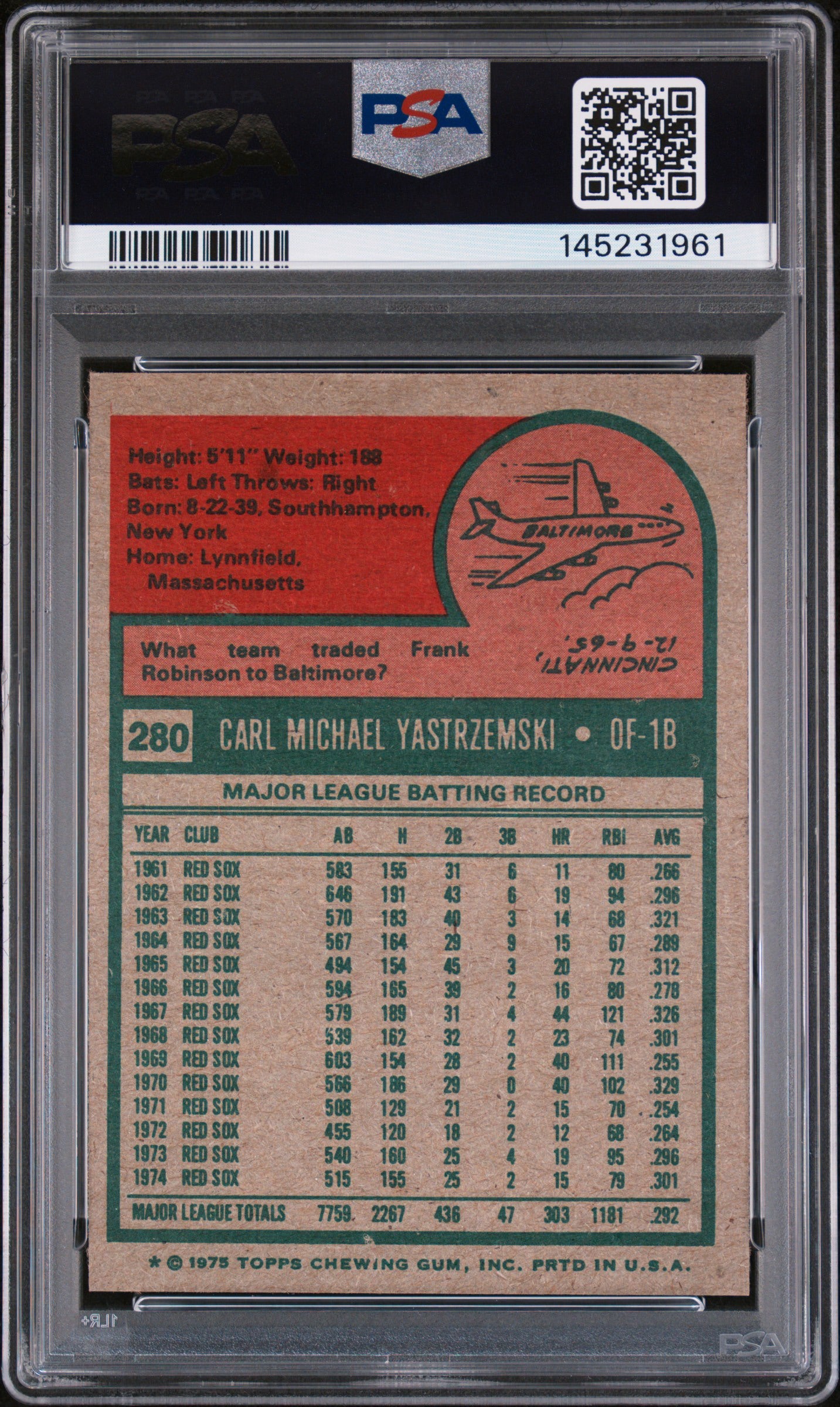 Carl Yastrzemski 1975 Topps PSA 7