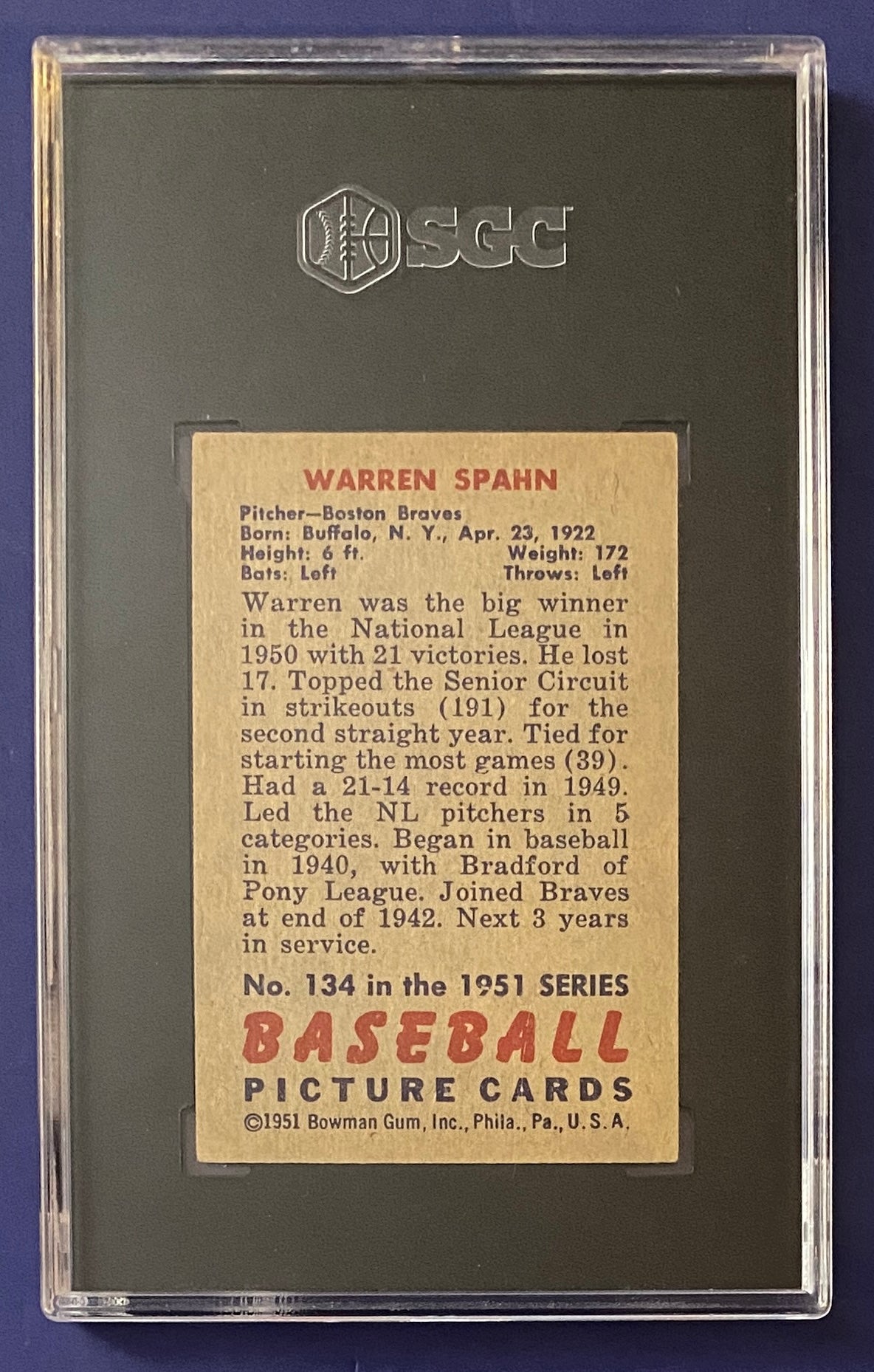 Warren Spahn 1951 Bowman SGC 5