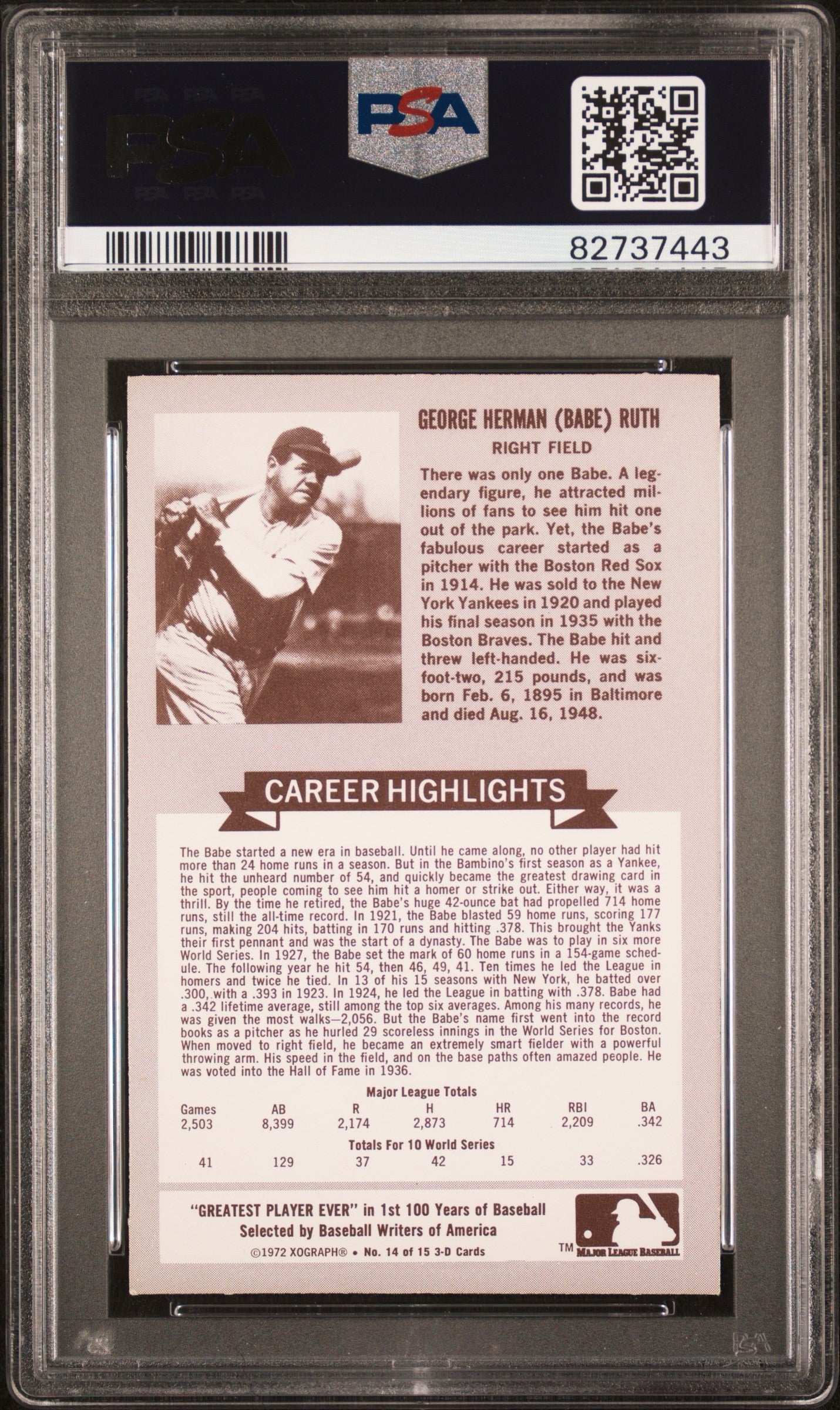 Babe Ruth 1972 Kellogg’s PSA 8