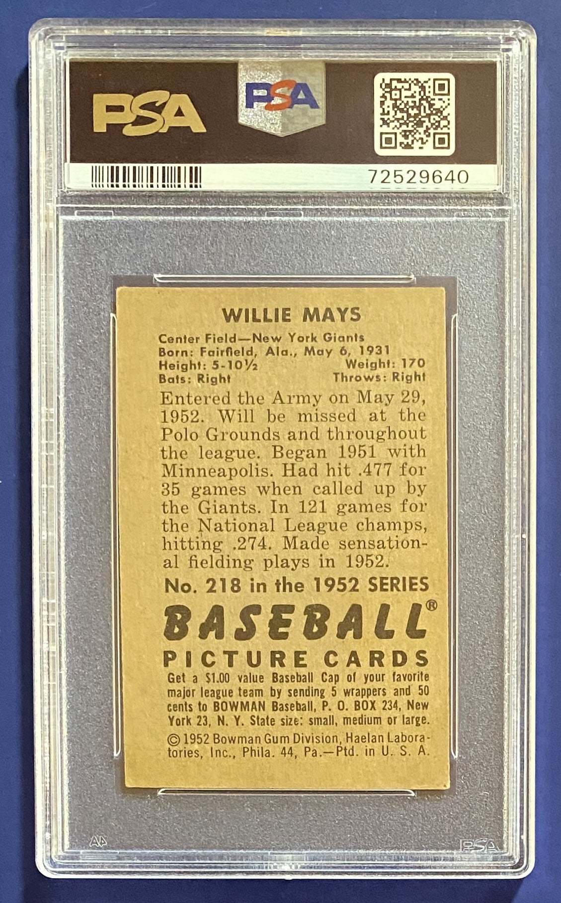 Willie Mays 1952 Bowman PSA 3.5