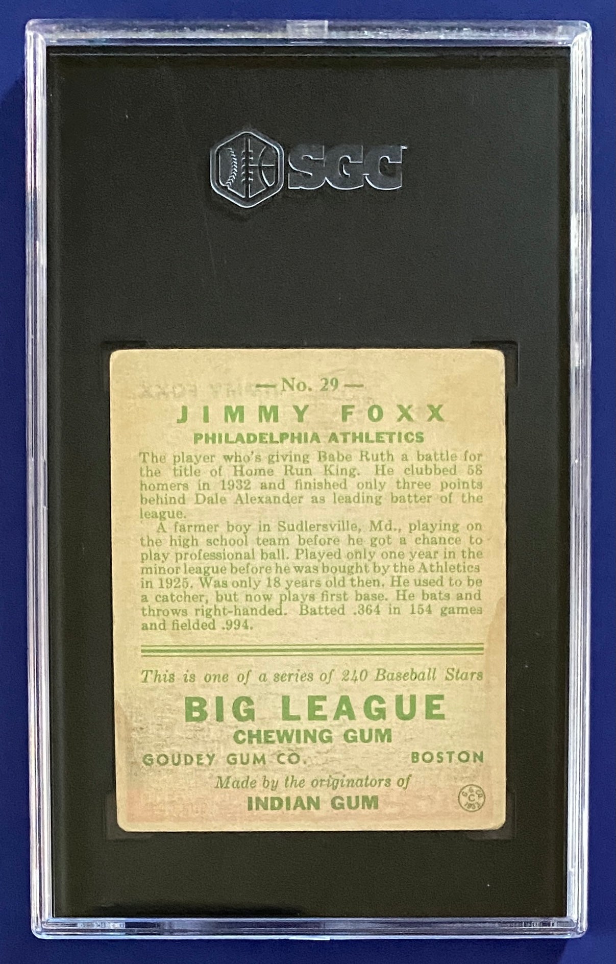 Jimmy Foxx RC 1933 Goudey #29 SGC 1