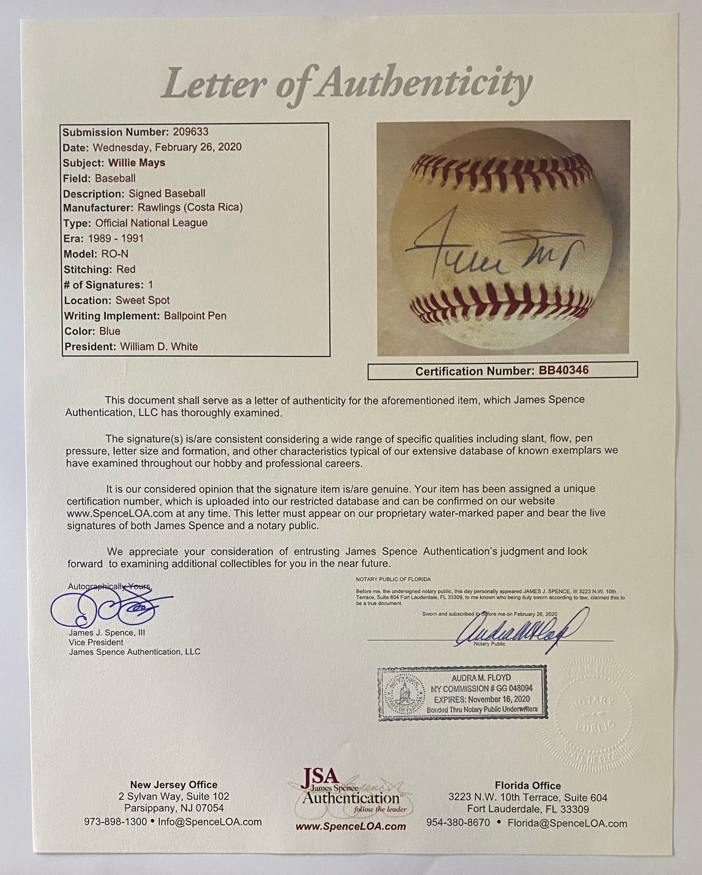 Willie Mays Signed Baseball Authenticated By JSA LOA